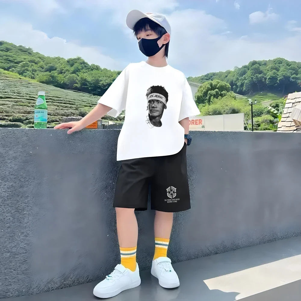 Children Neymar's avatar T-shirt+Shorts black Boys Girls Toddler 3-12Yrs Sports Set Summe cool Short-sleeved white Clothing