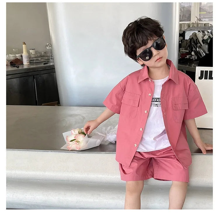 Summer Baby Boys Cotton Stylish Plain Pink Short Sleeve Shirt Top+Shorts Pant Set Kids 2PCS Suit Children Vacation Outfit 1-8Yr