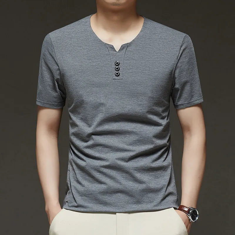 2026 New Men's Business Casual Three Button V-neck Short Sleeved T-shirt Korean Style Summer Comfortable Versatile Top