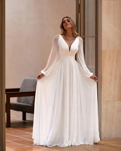 Customized Wedding Dresses for Bride  Long Sleeves V Neck Simple Bridal Gown with Pearls A Line Robe De Mariee