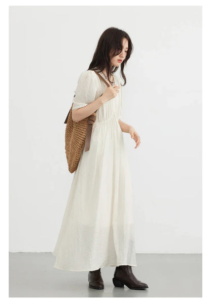 Women Dresses French Style Vintage V-neck Puff Sleeve Long Dress Solid Black Loose Female Clothing Summer New 2023