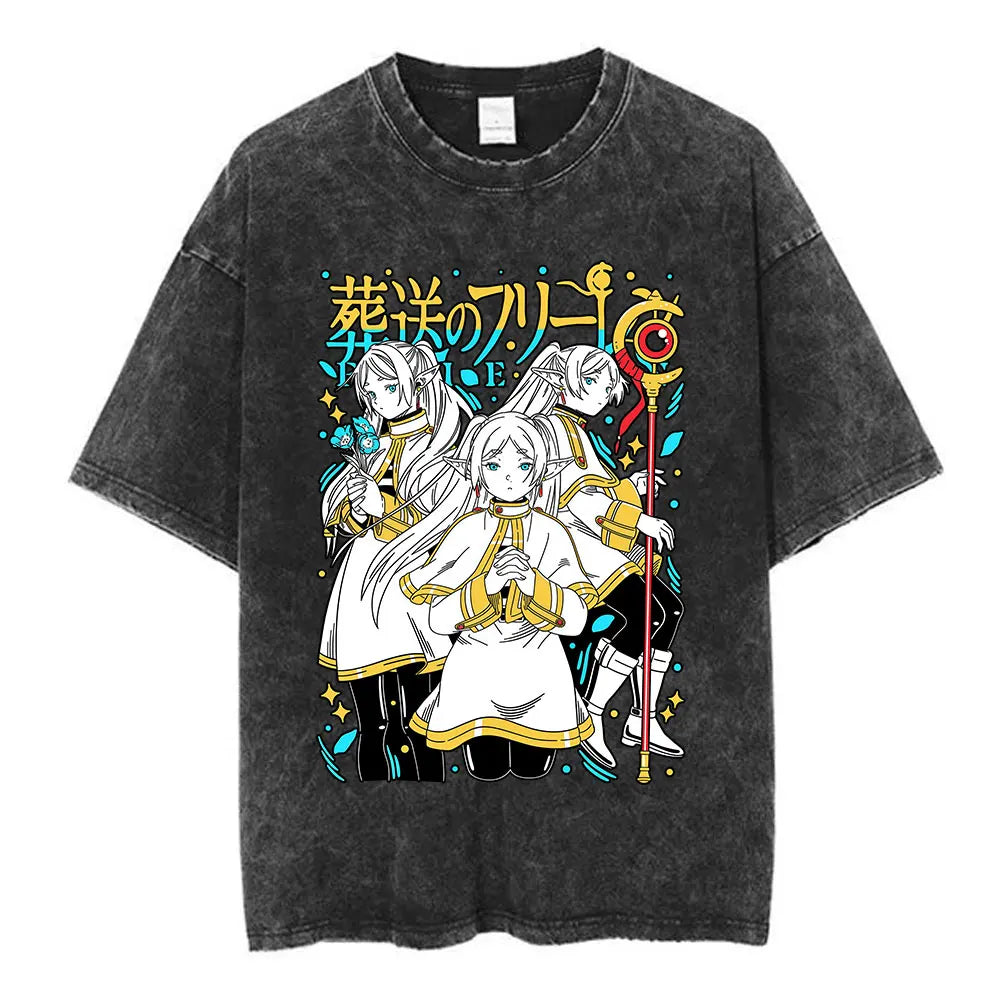 Anime Frieren: Beyond Journey's End Graphic Washed Vintage T-shirt Men's Women Fashion Short Sleeve Cotton Casual Loose T Shirts