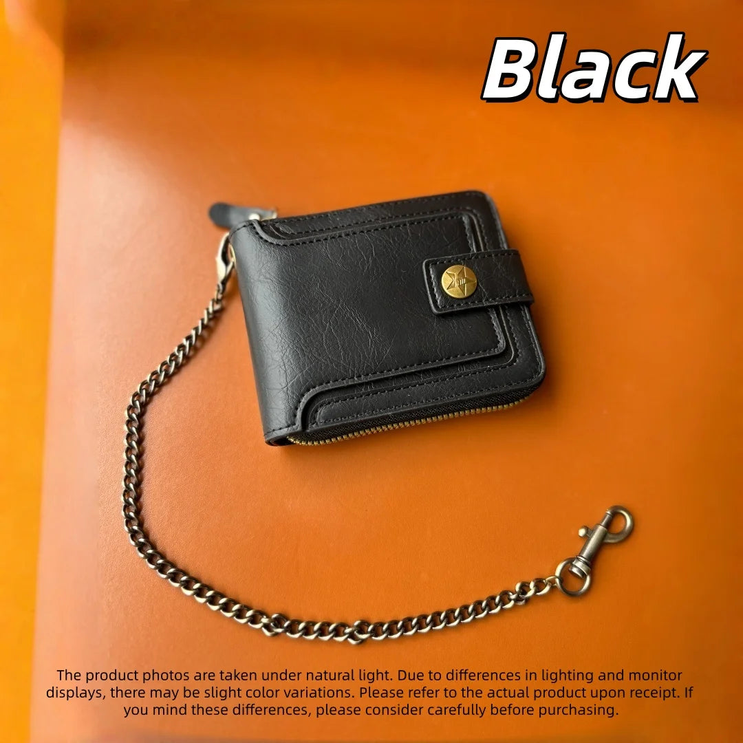 Men's Pu Leather Bi-Fold Wallet with Chain, Multiple Card Slots and Cash Compartment, Secure Snap Closure - Father's Day Gift, Gift for Dad/Husband/Boyfriend, Black Wallet, Travel Accessory, Classic Design, High-Quality Mater