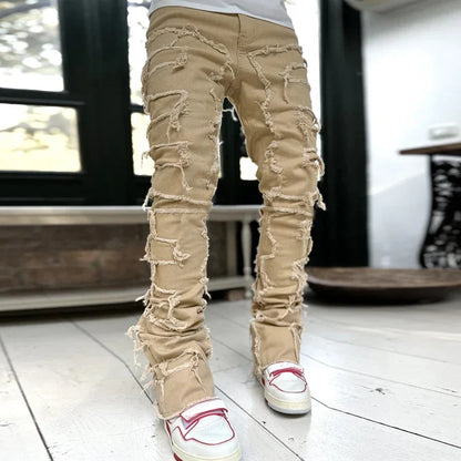 New European and American Heavyweight Streetwise Stretch Patch Jeans for Men, High Street Straight Fit Long Jeans16-3001