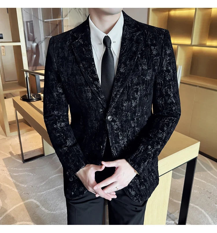 High Quality Plush Jacquard fashion Suit Jacket  Korean Version Slim Fit Business Retro Casual Social Wedding Suit Blazer 5XL-M