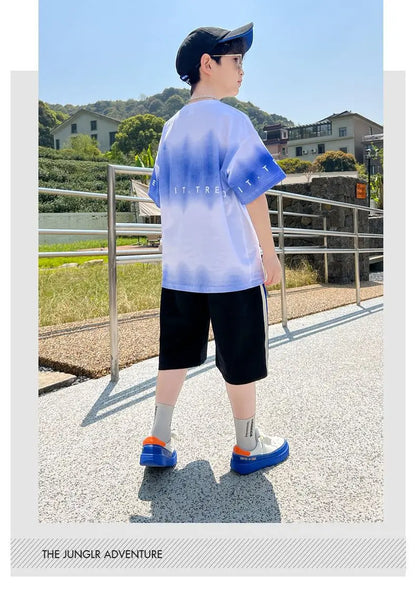 Summer Boys Cotton Alphabet Tie Dye t-Shirt Tops+Sweat Shorts Pant School Kids Tracksuit Child 2PCS Outfit Workout Set 5-16Years
