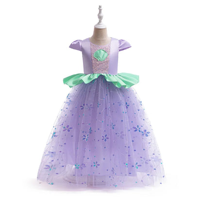 Little Mermaid Ariel Princess Costumes Young Girls Purple Dress Kids Cosplay Carnival Gown Birthday Tutu Dresses Summer New Wear