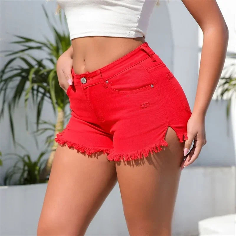 Women Summer Split Tassel Trouser Legs Denim Shorts Vintage Broken Holes Three Quarter Pants Female Casual High Waist Mini Jeans