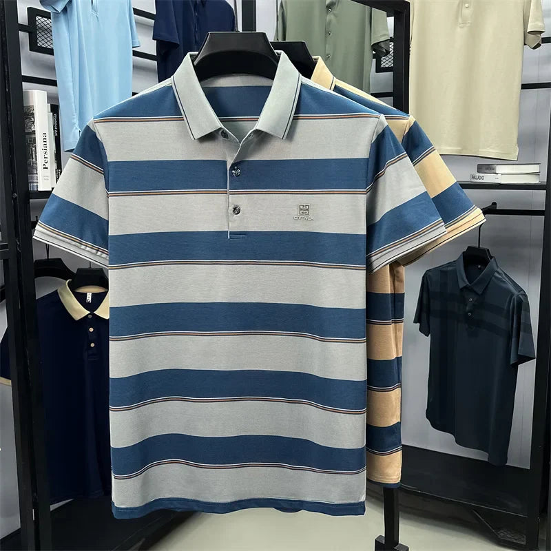 Light luxury striped color blocked short sleeve polo shirt brand symbol emboss high-end casual summer silky smooth men's T-shirt