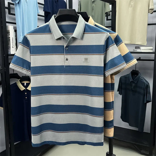 Light luxury striped color blocked short sleeve polo shirt brand symbol emboss high-end casual summer silky smooth men's T-shirt