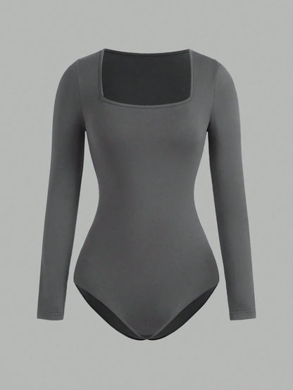 Women's Solid color Square Neck  Open Crotch One-Piece Bodysuit Long Sleeved Body  Lady Streetwear Female Warm Clothing