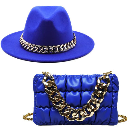 Hat For Women Autumn Winter New Party Jazz Fedora Hats With Fashion Luxury Oversized Chain Accessory Bag Two-piece Set