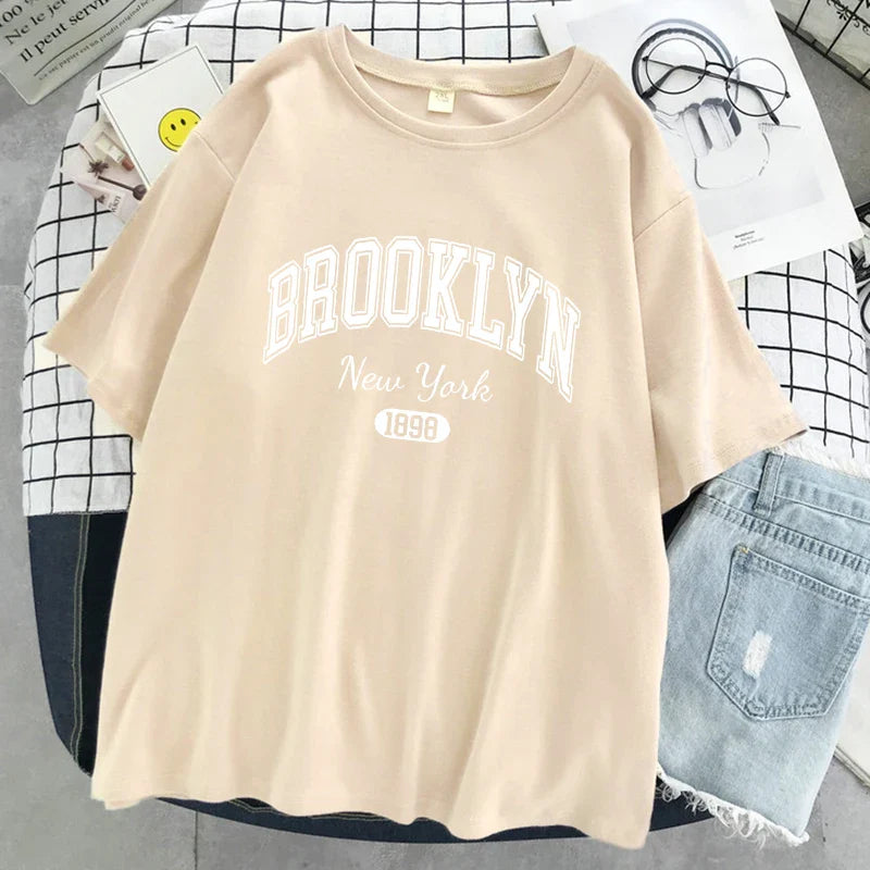 Brooklyn New York 1898 City Letter Print Female T-Shirt Street Breathable Tops Oversized Clothes Comfortable O-Neck Short Sleeve