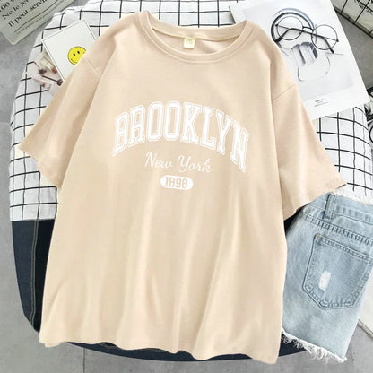 Brooklyn New York 1898 City Letter Print Female T-Shirt Street Breathable Tops Oversized Clothes Comfortable O-Neck Short Sleeve