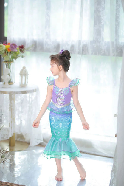 Halloween Costume Mermaid Dress Girl Ruffles Shell Fishtail Frocks Ariel Fantasy Luxury Princess Gown Children Fancy Fairy Dress