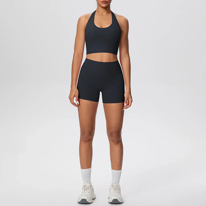 2picese Women Yoga Suit Solid Color High Waist Hip Push Up Fitness Shorts Sexy Pilates Backless Gym Hanging Neck Bra Yoga Set