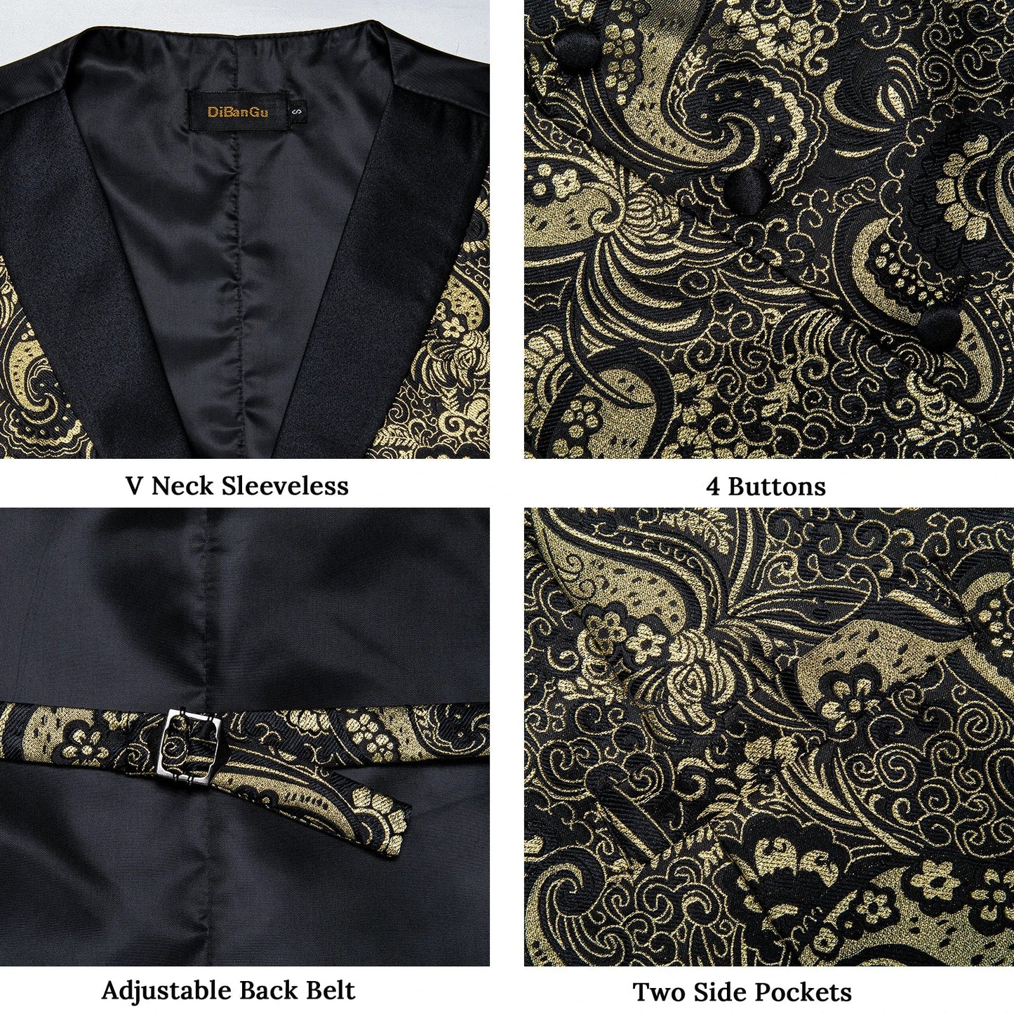 Men's Paisley  Suit Vest with Macthing Golden Paisley Neck Tie Handkerchief Cufflinks Wedding Prom Tuxedo Waistcoat