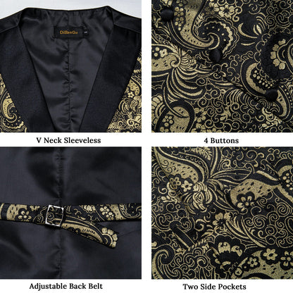 Men's Paisley  Suit Vest with Macthing Golden Paisley Neck Tie Handkerchief Cufflinks Wedding Prom Tuxedo Waistcoat
