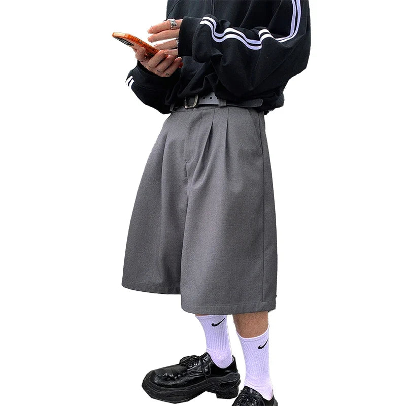 Spring Summer Loose Casual Soft Grey Pleated Shorts for Men with High Waist Short Straight Pants Korean Clothes 2024