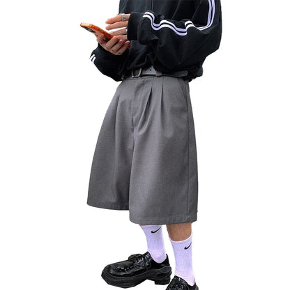 Spring Summer Loose Casual Soft Grey Pleated Shorts for Men with High Waist Short Straight Pants Korean Clothes 2024