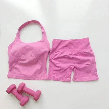 Sexy Halter Neck Beautiful Back High Waist Peach Sports Bras Shorts Suit Pilates Gathering Yoga Vest Training Fitness Bra Sets