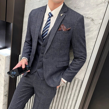 2023 Men's British Fashion Three-piece Set Slim Fit Suit Vest Trousers Ensemble Handsome Trendy All-in-one Banquet Blaze