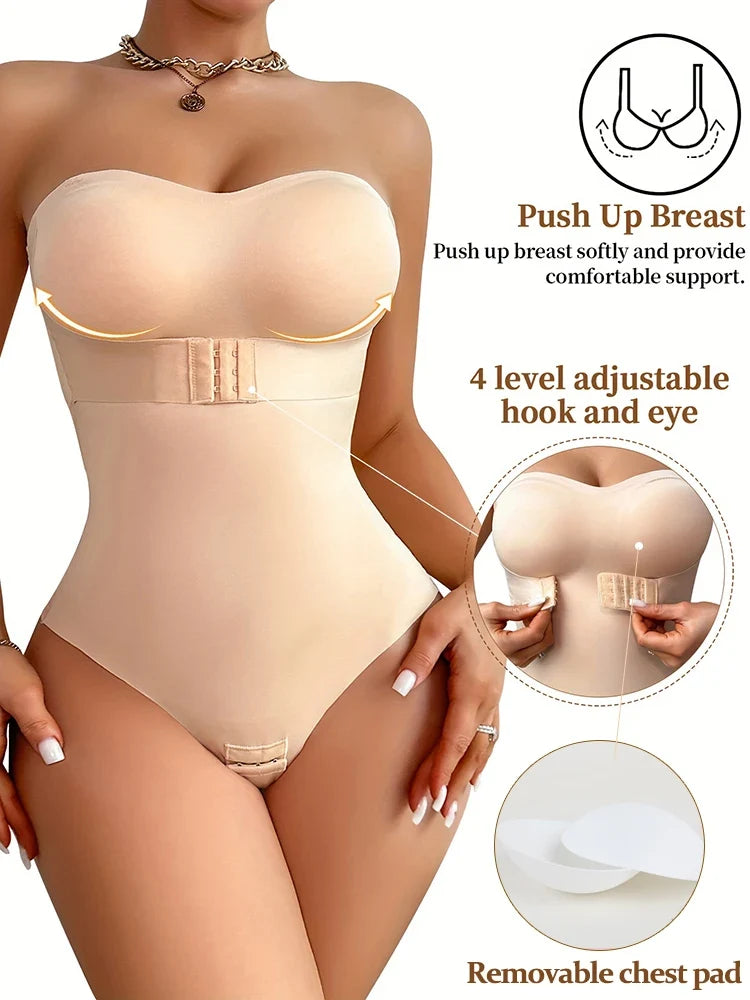 Large Size Strapless Thong Bodysuits Women Belly Control Full Body Shaper Adjustable Bust Removable Push Up Breast Underwear 4XL