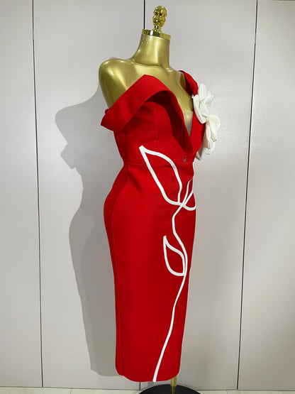 Sexy Off Shoulder White Flower Black Red Bodycon Bandage Long Dress Women Luxury Celebrity Evening Club Elegant Party Gowns