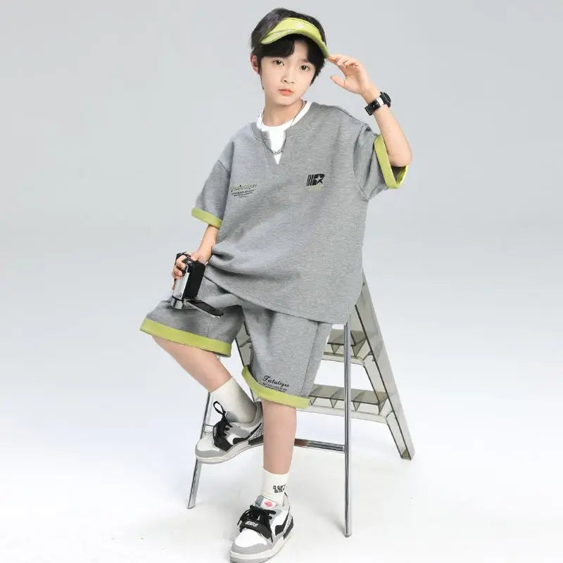 Sporty Korean Children's Clothes 2025 Boys Sets Tracksuit for Boy Top Shirts Tops Home Clothing 10 14 Years Kids Summer Set Suit