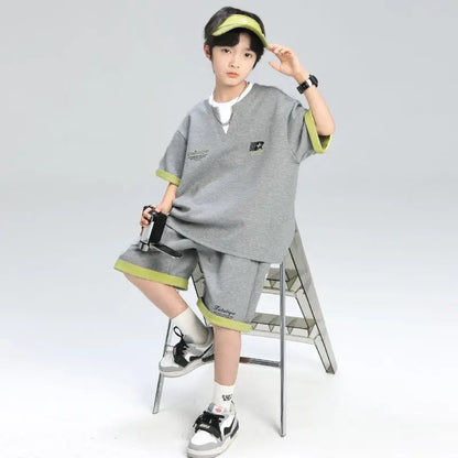 Sporty Korean Children's Clothes 2025 Boys Sets Tracksuit for Boy Top Shirts Tops Home Clothing 10 14 Years Kids Summer Set Suit