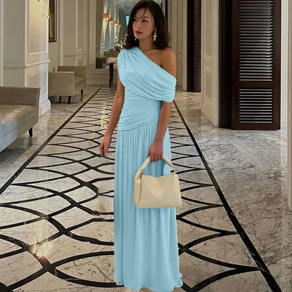 One Shoulder Ruched Sleeveless Solid Pleated Sexy Irregular Y2K Maxi Dress Summer Elegant Party Women Clothes Vacation