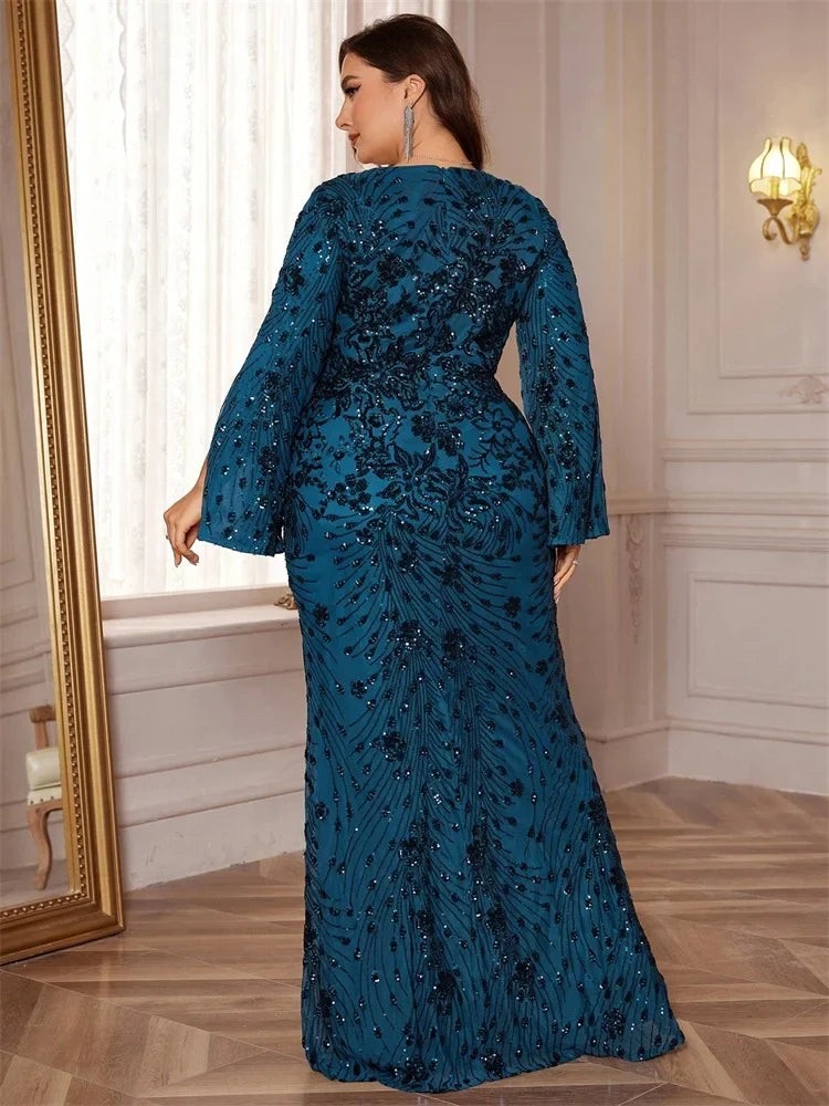 Plus Size Luxury Gold Evening Dresses Women 2024 Long Sleeve Mermaid Formal Sequins Prom Wedding Party Cocktail Gowns