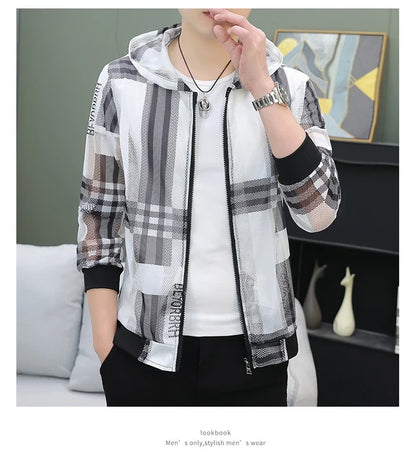 Men's Summer Mesh Sun Protection Clothing Trendy Stripe Print Ice Silk Cool Feeling Breathable Quick Dry Hooded Jacket