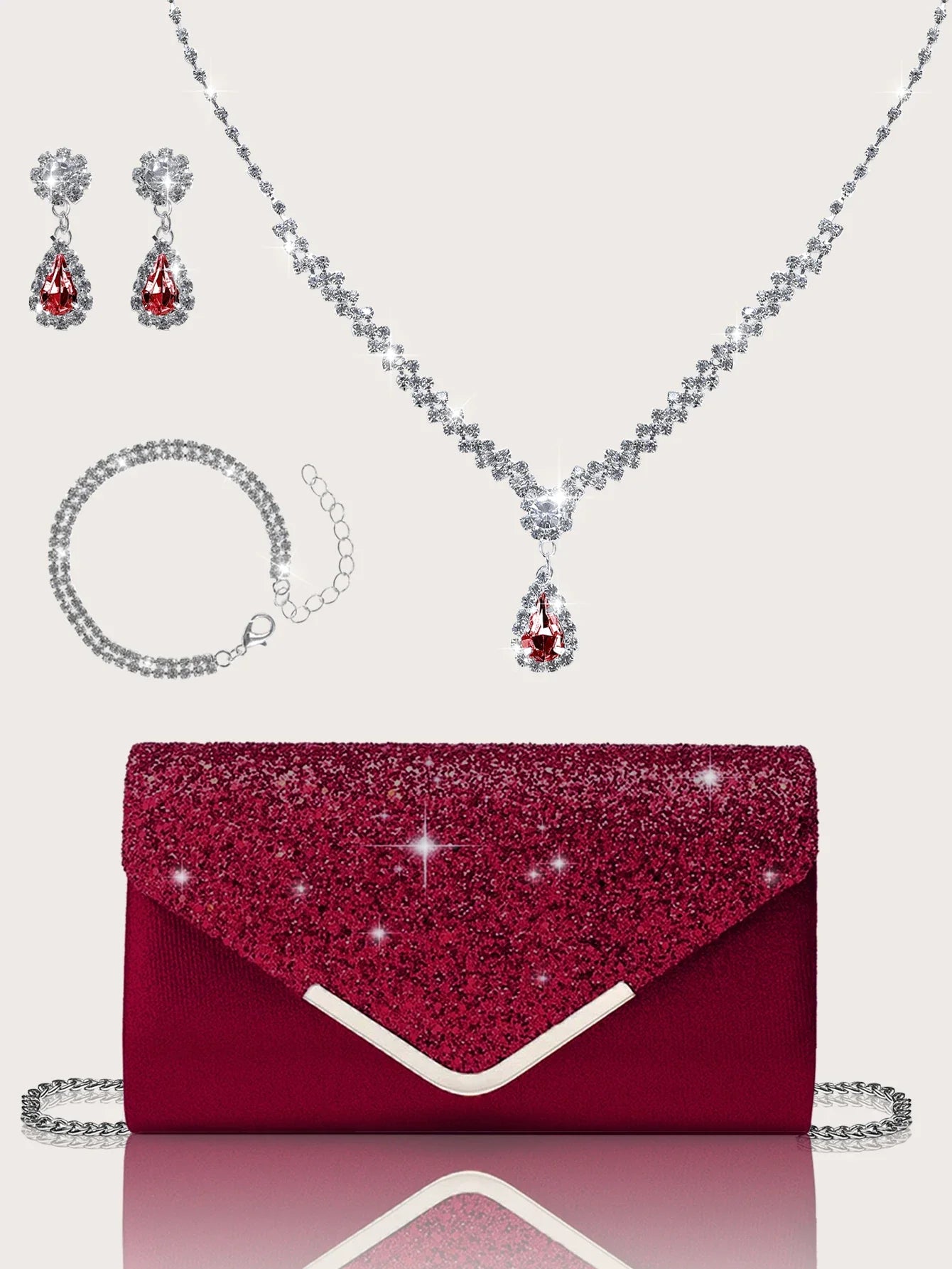 Gorgeous and elegant sparkly women's clutch bag, paired with a gorgeous rhinestone necklace, earrings and bracelet set of four.