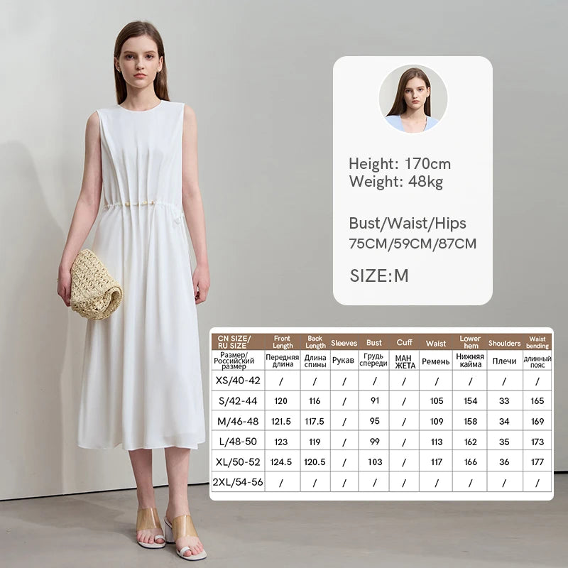 Minimalism Dresses 2025 Summer Vocation Women Loose Long Dresse Sleeveless High Waist Design Bead Drawstring Dress 12542177