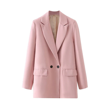 Women Chic Office Lady Double Breasted Blazer Vintage Coat Fashion Notched Collar Long Sleeve Ladies Outerwear Stylish Tops