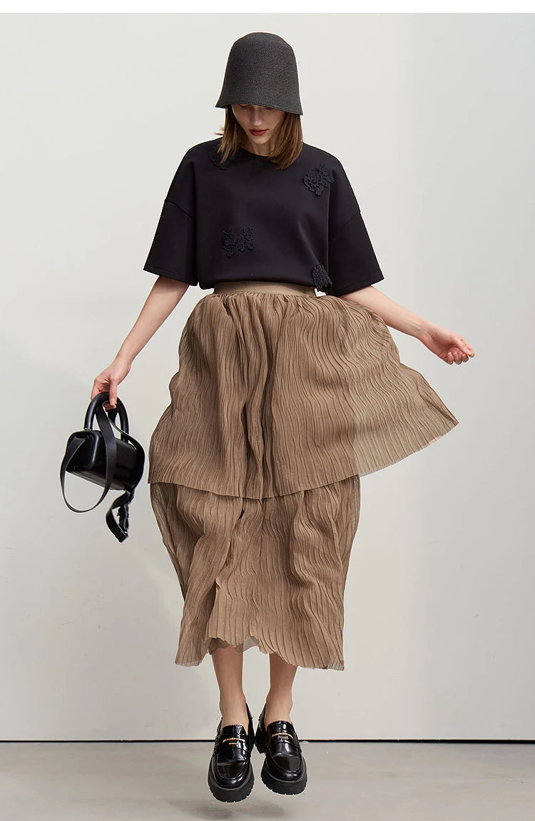 Long Skirt 2026 Spring New Casual Vacation Waist Pleated Mesh Long Skirt Women Loose Solid Versatile Woman Clothes 12621001