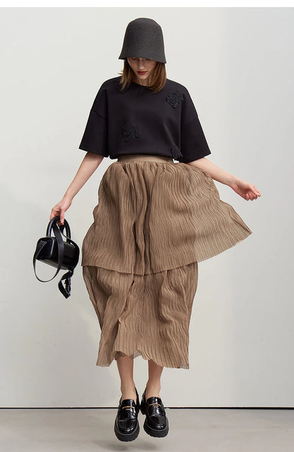 Long Skirt 2026 Spring New Casual Vacation Waist Pleated Mesh Long Skirt Women Loose Solid Versatile Woman Clothes 12621001