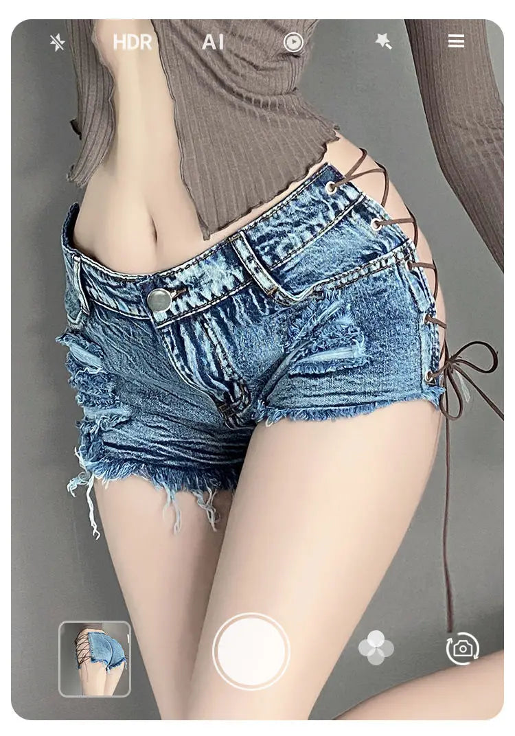 New Sexy Women Shorts Low Rise Ripped Denim Open Crotch Hole Denim Shorts Jeans Nightclub