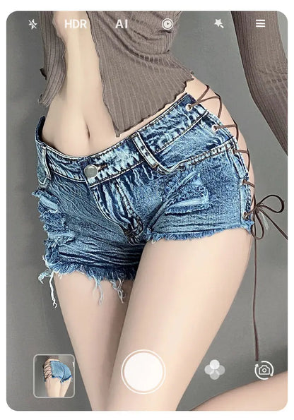 New Sexy Women Shorts Low Rise Ripped Denim Open Crotch Hole Denim Shorts Jeans Nightclub