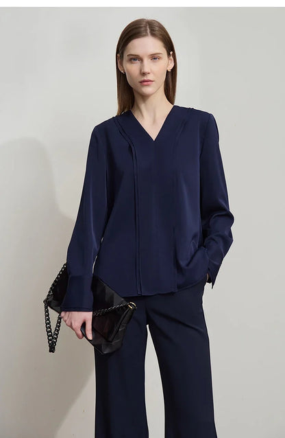 Autumn New Elegant Blouses Women 2025 V-neck Solid Long Sleeve Shirts Female Fashion Office Lady Straight Clothing 12521087