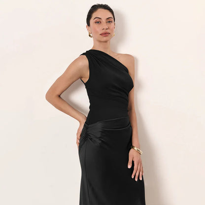 Patchwork Satin Sexy Dress Women One Shoulder Brown Sleeveless Evening Maxi Dress 2025 New Summer Elegant Party Clubwear Dresses