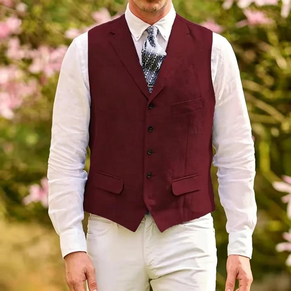 Men's Linen Suit Vest Lapel Sleeveless Summer Linen Waistcoat Single Breasted  For Beach Wedding Holiday Mens Gilet