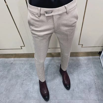 Autumn Winter Thickened Woolen Suit Pants Men Casual Slim Fit Straight Trousers Formal Business Woolen Social Office Warm Pants
