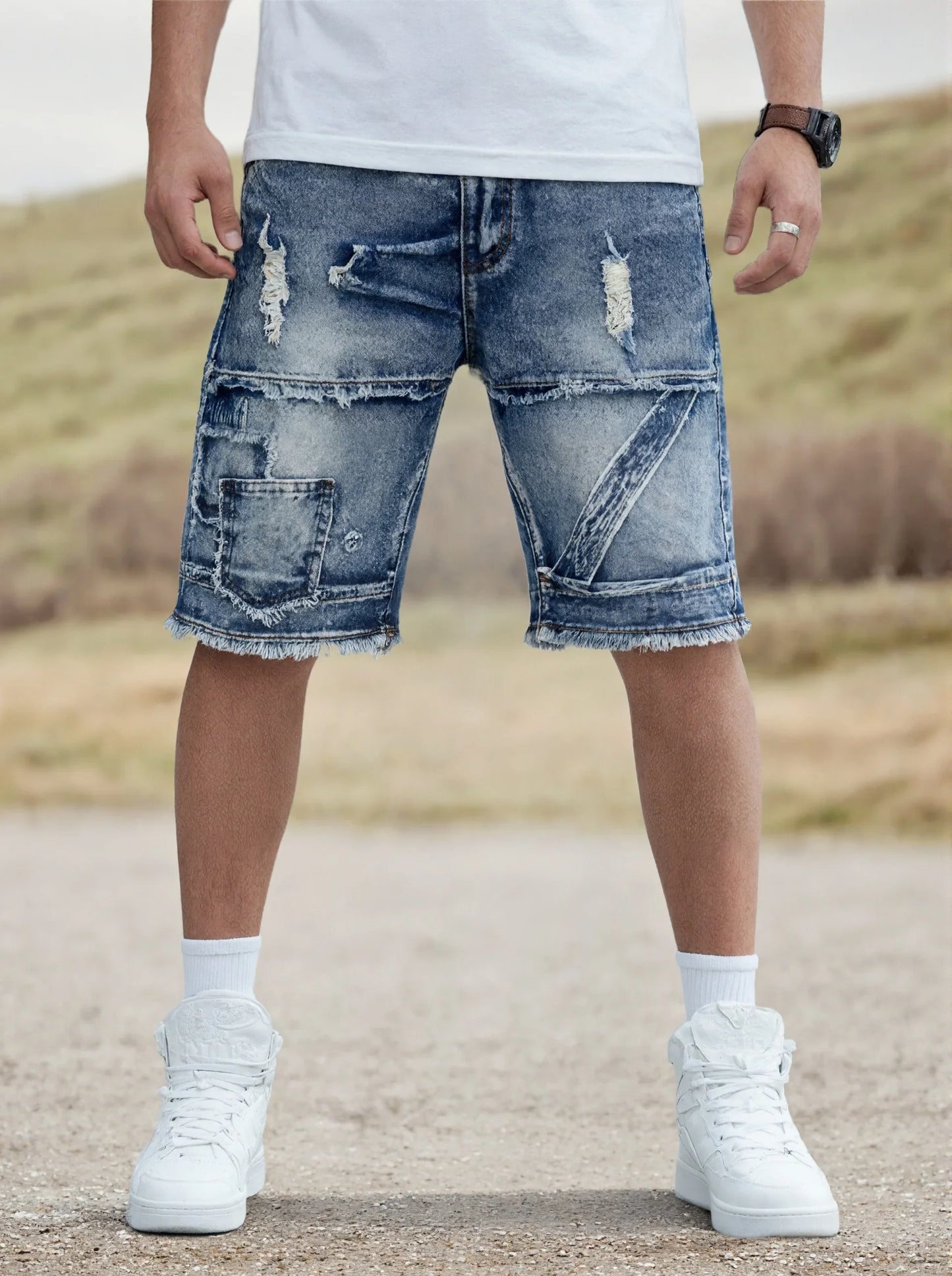 Men's Casual Spring/Summer Denim Shorts - Distressed Denim Shorts with Frayed Edges and Patchwork Details, Fashionable Street-St