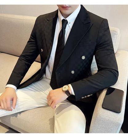 6 Color Luxury Double Breasted Blazers Coats 2024 New Fashion Checkered Business Slim Fit Social   Formal Suit Jacket 5XL-M