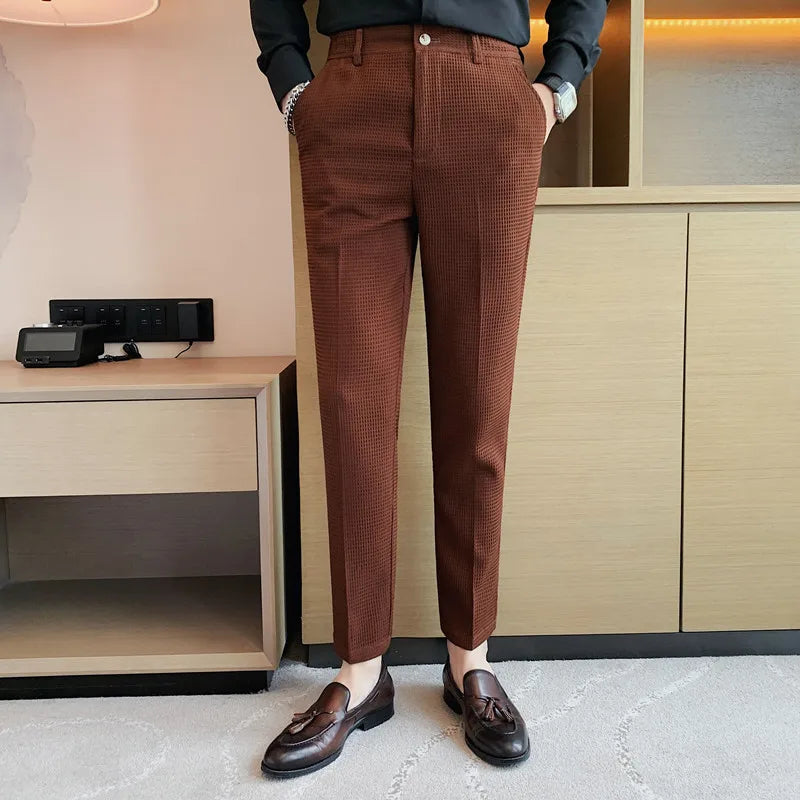 2024 Autumn New Waffle Stretch Waist Business Formal Pants Men Fashion Wedding Slim Trouser Mens Brand Social Party Suit Pants
