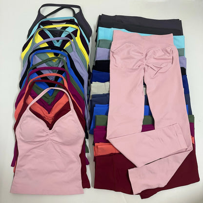 Set of 2 pieces of women's yoga mesh, sleeveless tops with open back, high-waisted gym suit, fitness clothing, yoga set