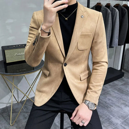 Plus Size 4XL-M Autumn Deerskin Velvet Jackets Blazer 6 Color Men Business Slim Blazers Hommes Casual Wedding Tuxedo Suit Coat