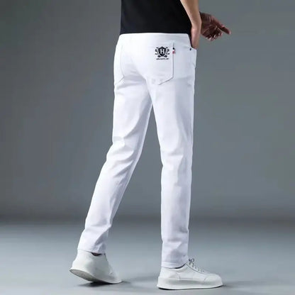Korean Man Designer Clothes 2025 White Jeans Men Spring Autumn Printed Students Slim Stretch Pencil Pants Workwear Long Trousers